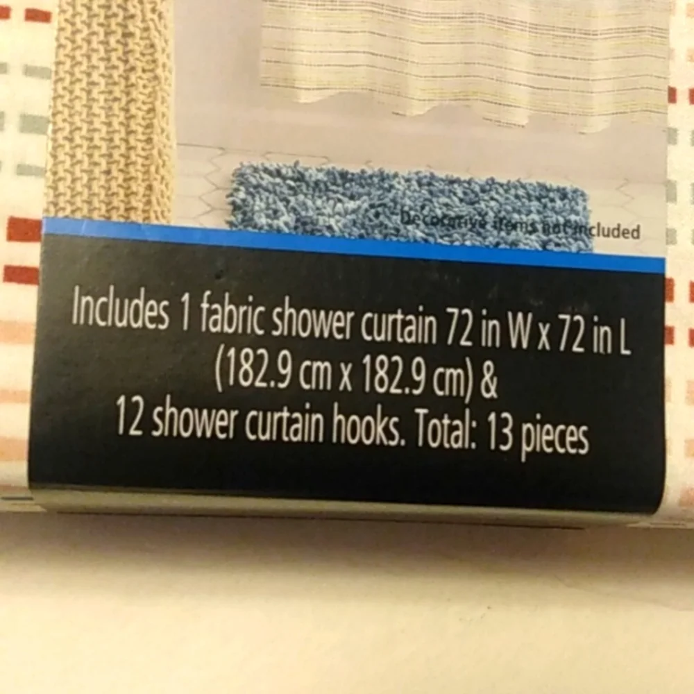 Mainstays 13 piece lightweight fabric printed shower curtain with hooks.